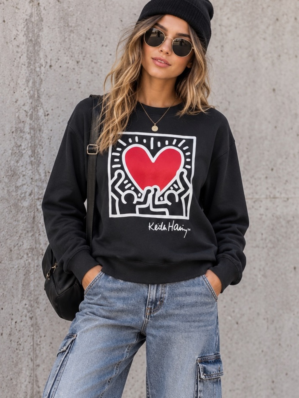 Keith Haring Dancing Heart Black Pullover Sweatshirt Size XS Streetwear Casual